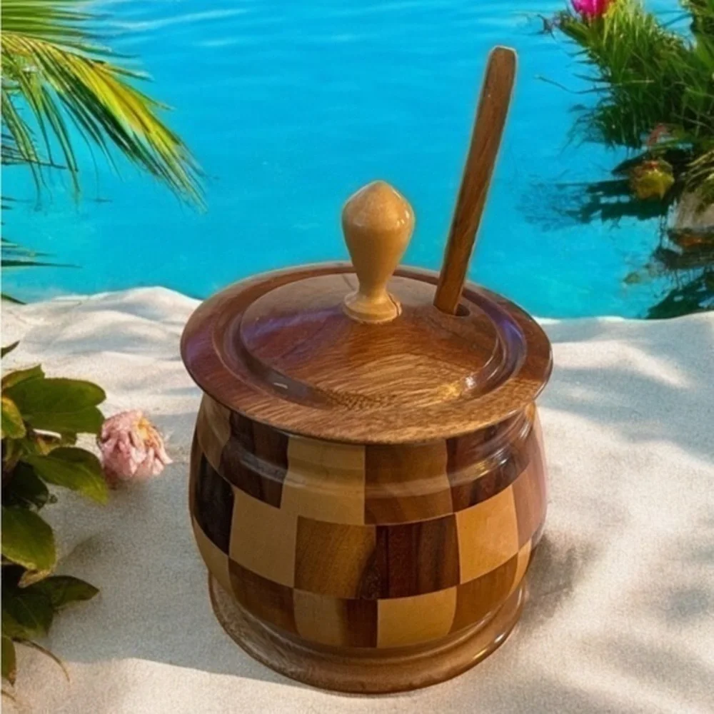 Hand Turned Checkerboard Wood Honey Pot